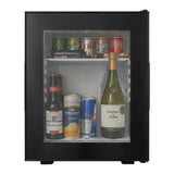 Mini refrigerator with various drinks including bottles and cans on a white background
