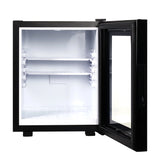 Small black refrigerator with one door open on a white background