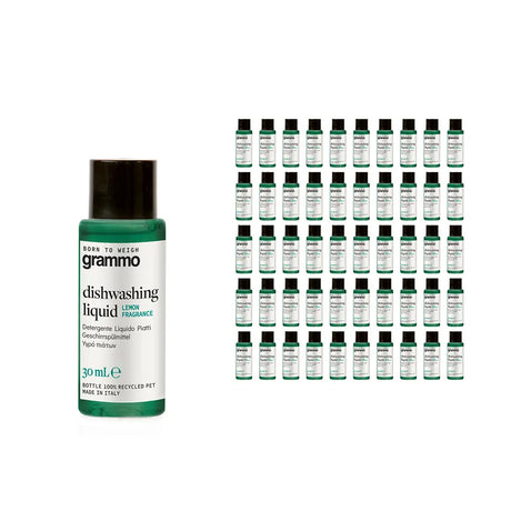 Grammo mini washing-up liquid, lemon fragrance, 30ml bottles shown individually and in a pack of 50