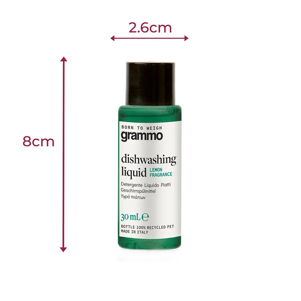 Grammo mini washing-up liquid dimensions, 30ml bottle measuring 8cm high and 2.6cm wide