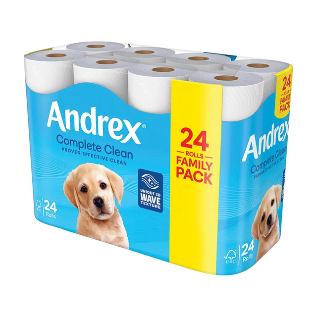 Pack of Andrex toilet paper with a family pack label on a white background