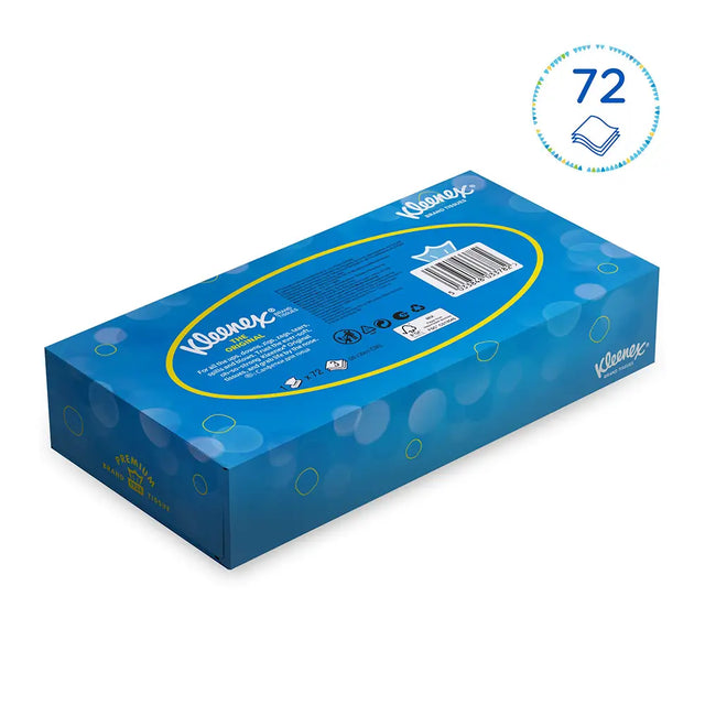 Kleenex tissue box with 72 tissues on a white background