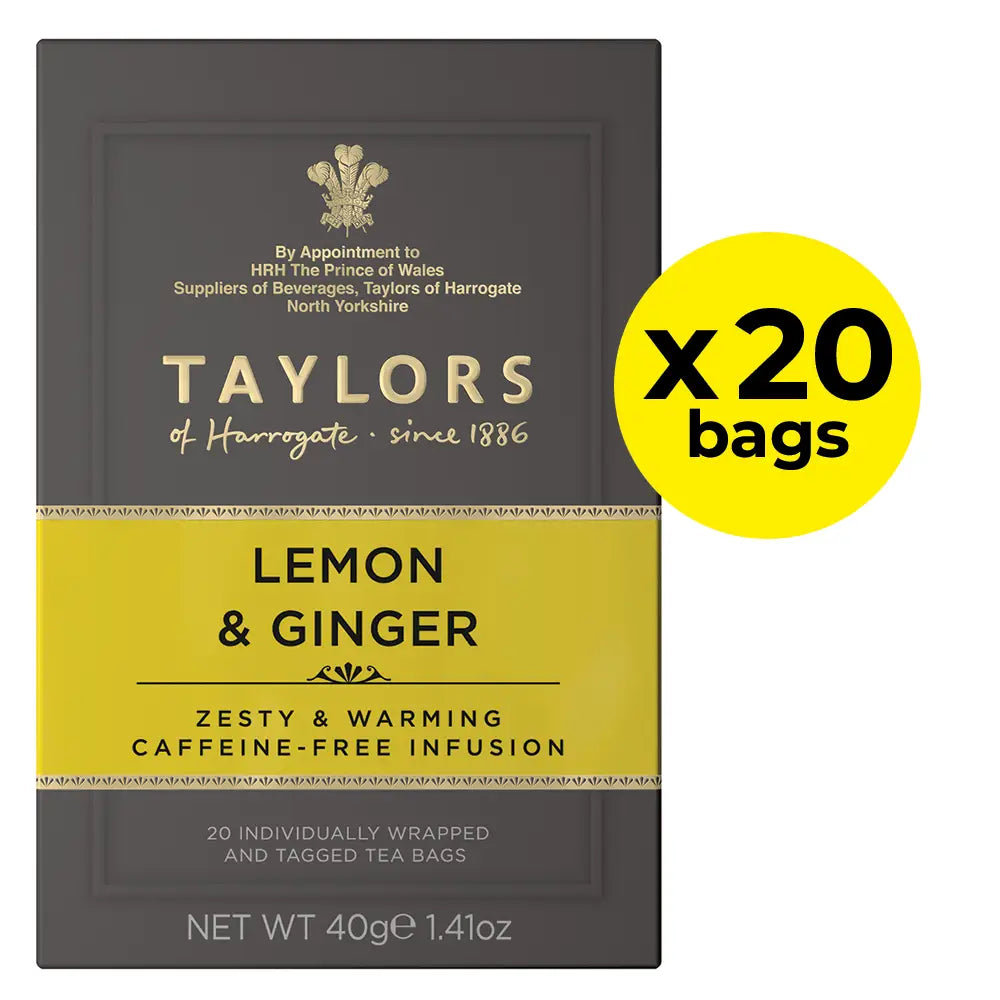 Pack of Taylors of Harrogate Lemon & Ginger tea with 20 bags on a white background