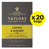 Pack of Taylors of Harrogate Lemon & Ginger tea with 20 bags on a white background