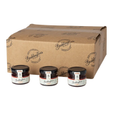 Three jars of Beddington's jam in front of a cardboard box with the brand logo.
