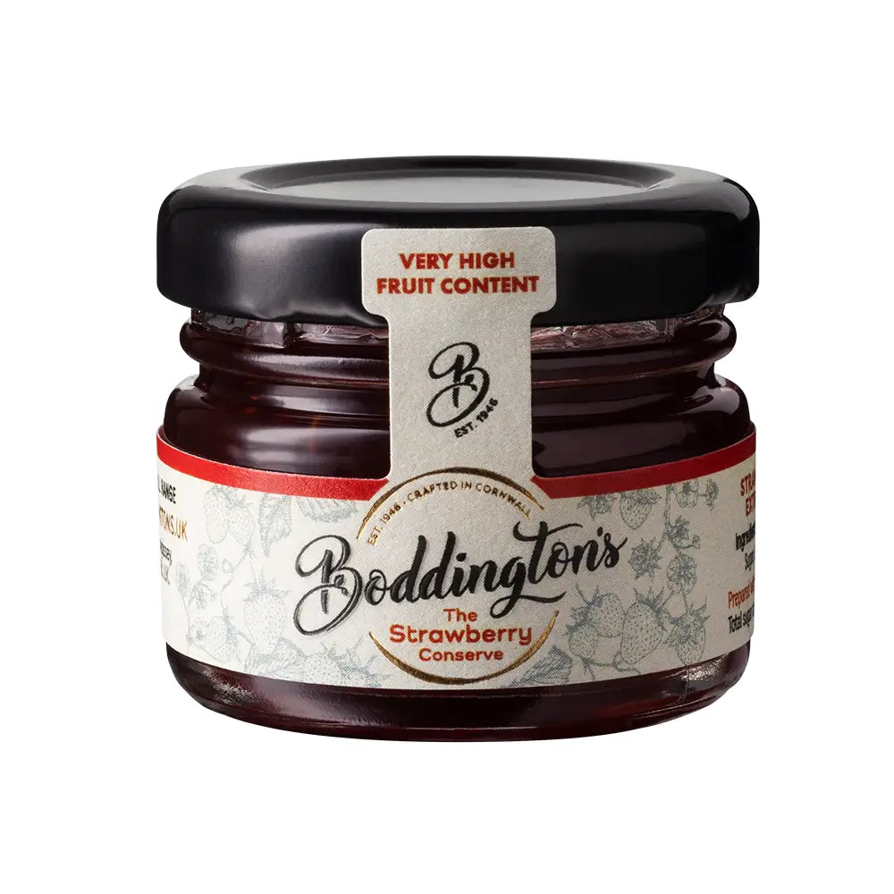 Jar of Boddington's Strawberry Conserve with a visible label on a white background
