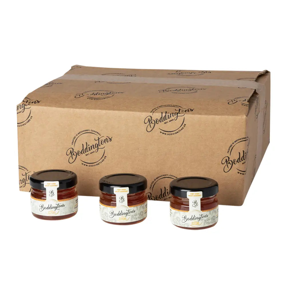 Three jars of Boddington's jam in front of a cardboard box with the brand logo.