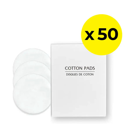 Pack of cotton pads with a yellow circle indicating 'x 50' on a white background
