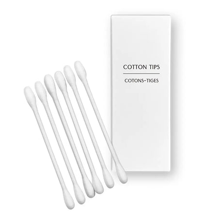 Three cotton tips and a white box labelled 'Cotton Tips' on a white background