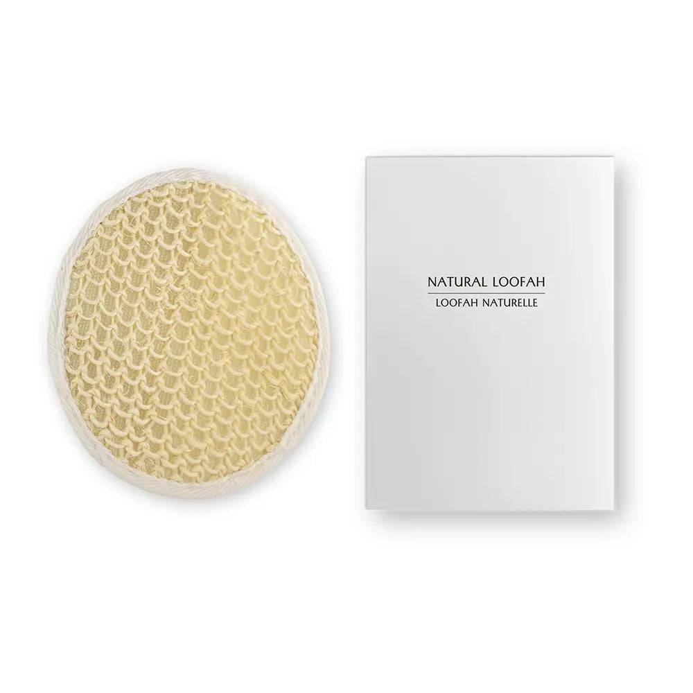 Natural Loofah sponge with white box labelled natural loofah on a white background