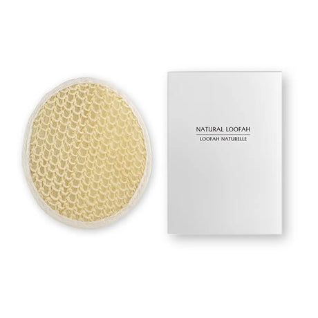 Natural Loofah sponge with white box labelled natural loofah on a white background