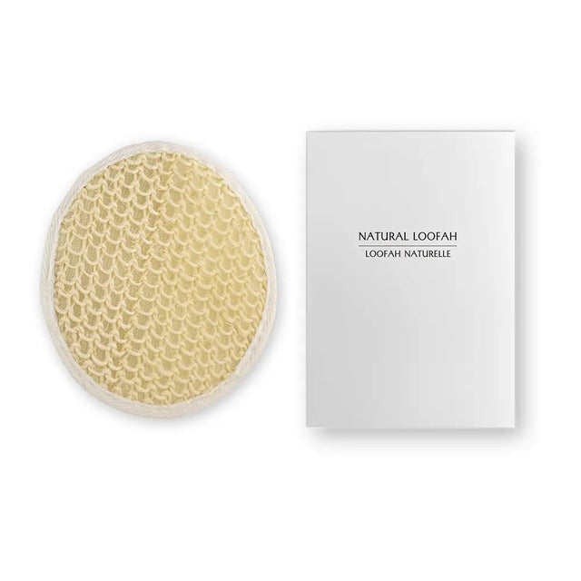 Natural Loofah sponge with white box labelled natural loofah on a white background
