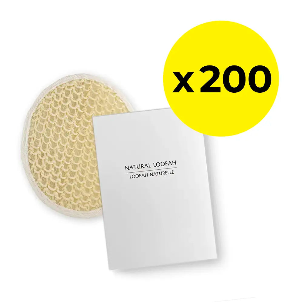 Two natural loofah sponges with a yellow circle indicating 'x 200' on a white background.