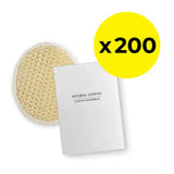 Two natural loofah sponges with a yellow circle indicating 'x 200' on a white background.