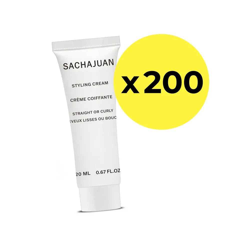 Sachajuan styling cream tube with a yellow circle displaying 'x200' on a white background