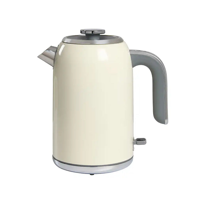 Cream-colored electric kettle with a gray handle on a white background