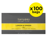 Packaging of Taylors Lemon & Ginger tea bags with a yellow circle indicating 100 bags.