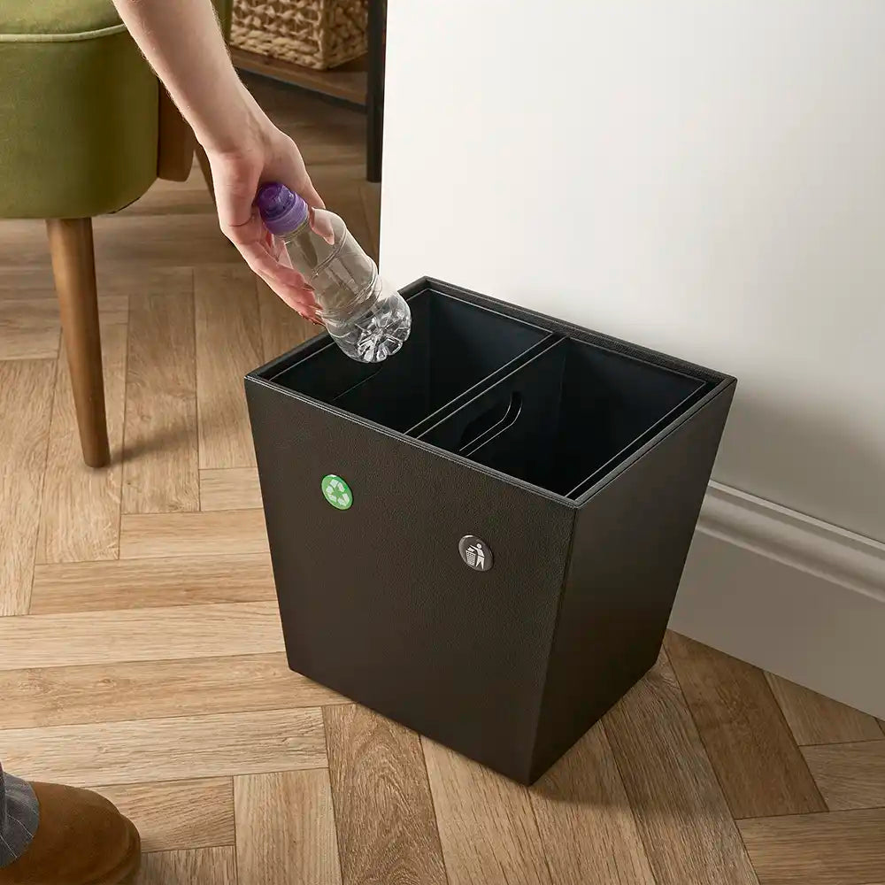 Faux Leather Waste & Recycling Twin Bin 12L - Black