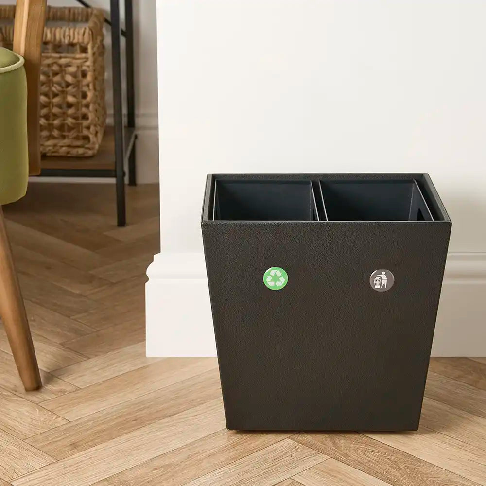 Faux Leather Waste & Recycling Twin Bin 12L - Black
