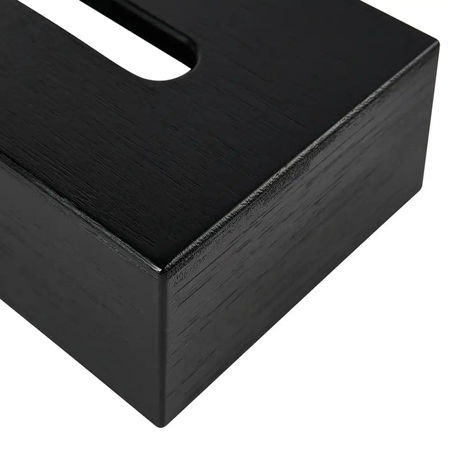 Black rectangular tissue box cover with a handle on a white background