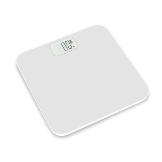 White digital bathroom scale on a white background