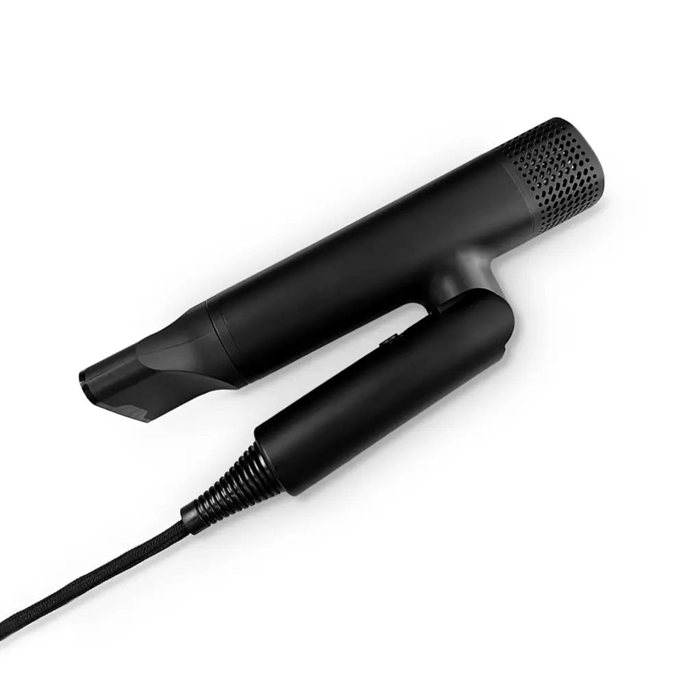Black handheld hair dryer on a white background