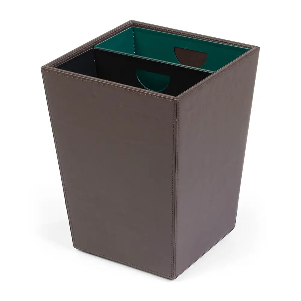 Brown leather wastebasket with green and black internal containers on a white background