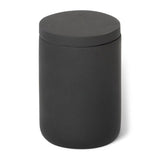 Black cylindrical amenity jar with a lid on a white background