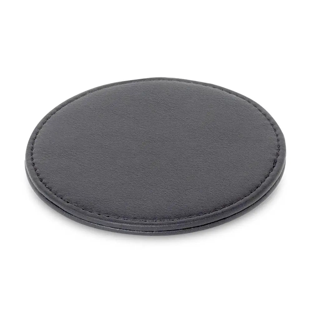 Round black coaster on a white background