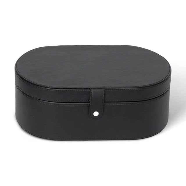 Black oval storage box with a strap on a white background