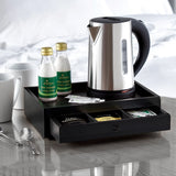 Acacia wooden hotel welcome tray with drawer, kettle, milk bottles, mugs and tea sachets