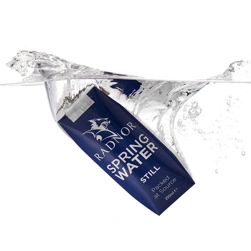 Radnor Spring Water packaging with water splashing around it