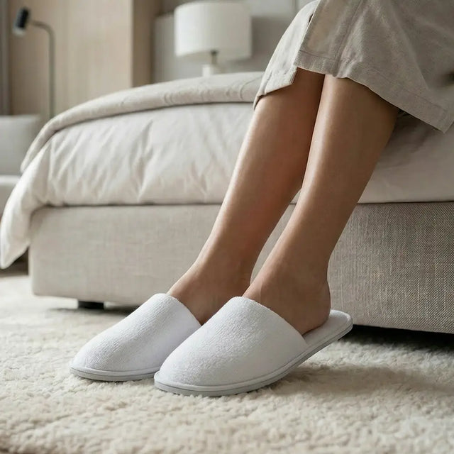 Person wearing white slippers in a cozy living room.