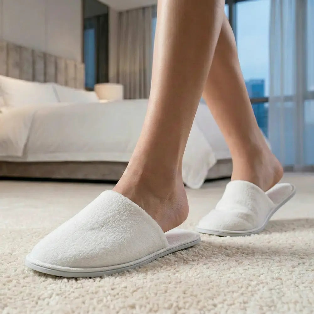 White slippers worn indoors with a blurred bedroom background