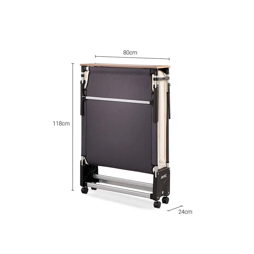 Portable folding bed with dimensions labeled on a white background
