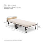 Dimensions of a bed with mattress shown on a white background