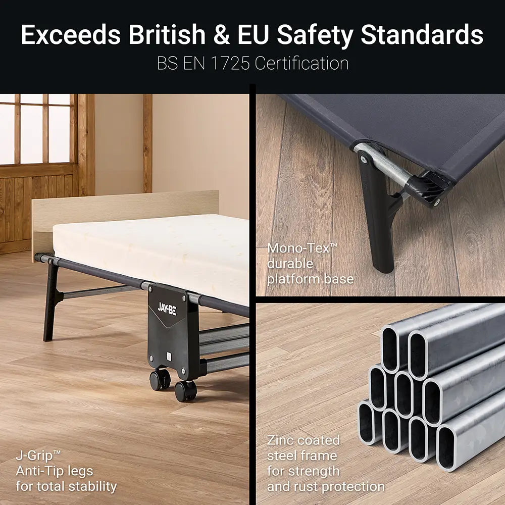 Collage of a folding bed with text highlighting safety standards and features.