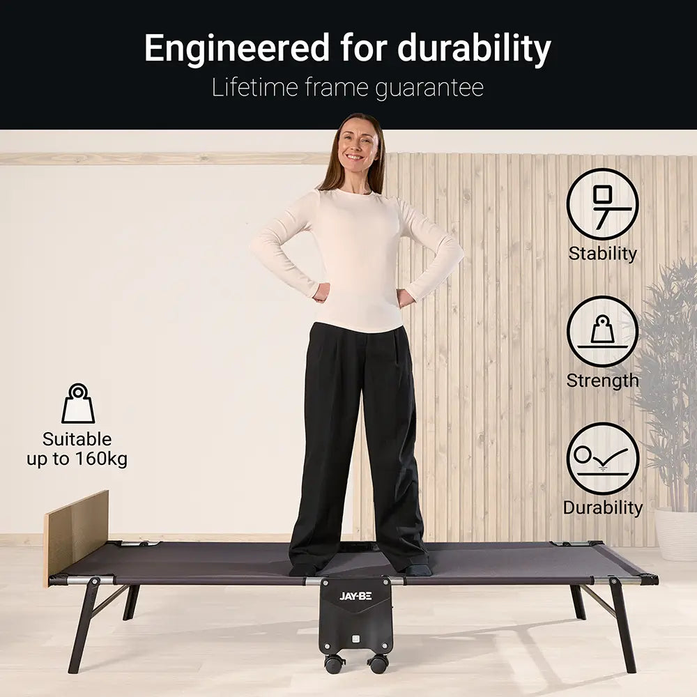 Person standing on a portable bed with durability features highlighted