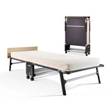 Foldable bed with beige mattress on a white background