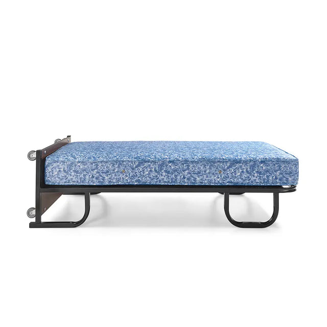 Bed with metal frame on a white background