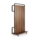Wooden bed base with wheels on a metal frame on a white background