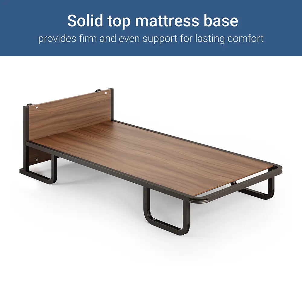 Wooden bed frame with metal legs on a white background, featuring text about solid top mattress base.