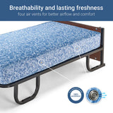 Blue mattress with air vents and text about breathability and freshness on a white background