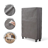 Grey protective cover for folding bed with features highlighted on a white background