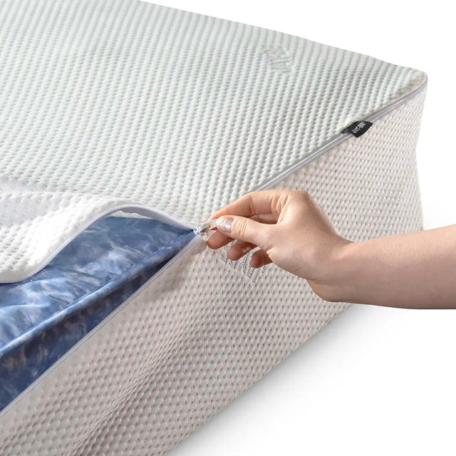 Hand zipping a mattress protector on a white background