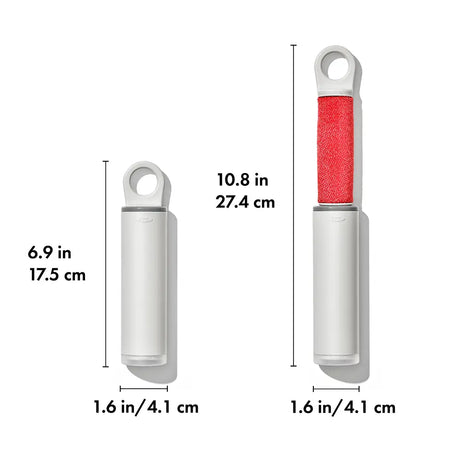 Measurement chart showing dimensions of a white and red lint roller. when closed it is 17.5cm in heigh, when fully extended it is 27.4cm. 4.1cm width.