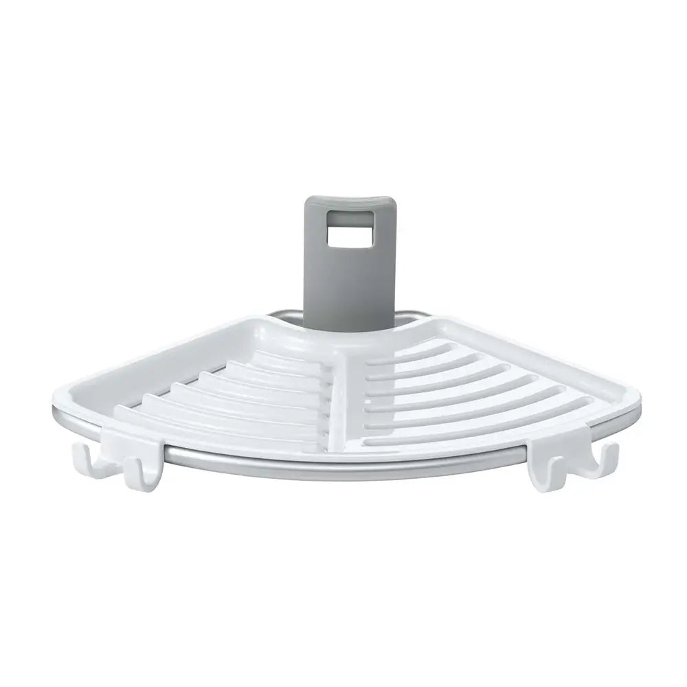 Corner shower caddy with white tray and gray hooks on a white background