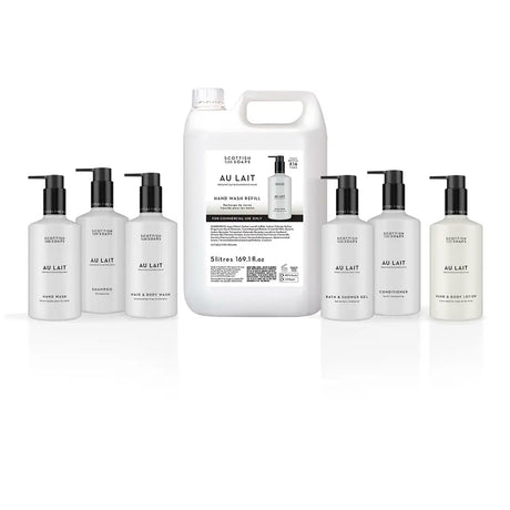 A 5 litre container of Au Lait Hand Wash Refill surrounded by six individual bottles Au Lait products on a clean white background.