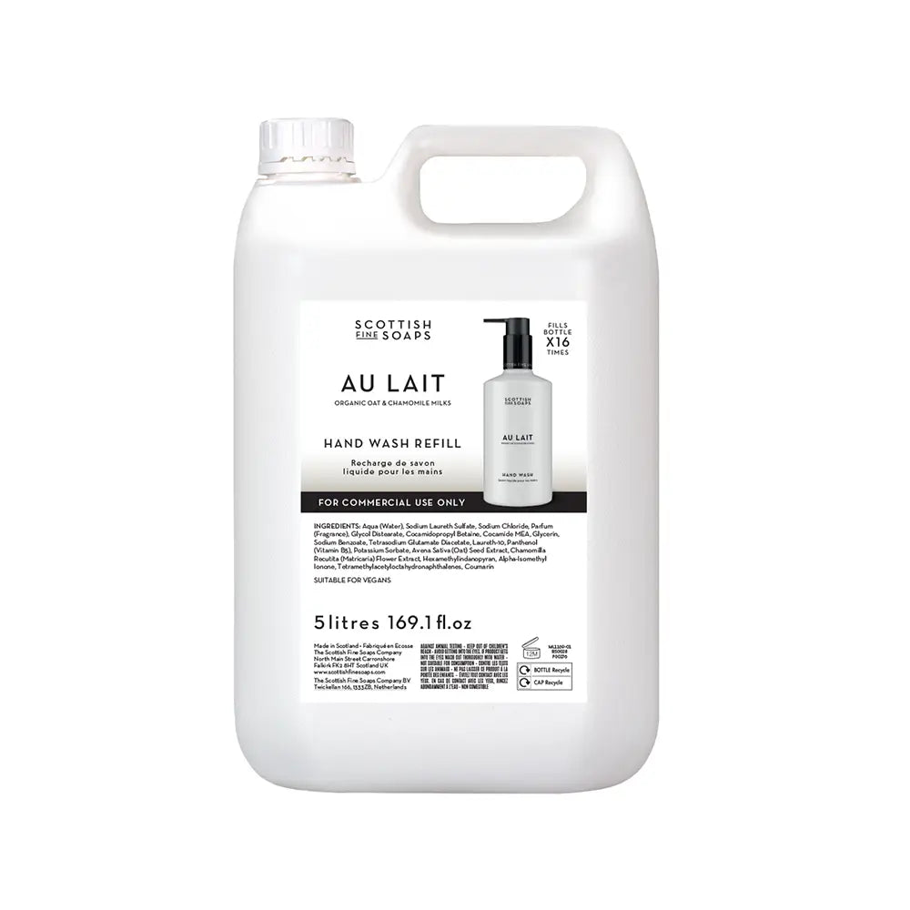 A 5-litre white plastic container of Scottish Fine Soaps Au Lait Hand Wash Refill, featuring a white and black label with product details and an illustration of the hand wash bottle.