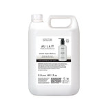 A 5-litre white plastic container of Scottish Fine Soaps Au Lait Hand Wash Refill, featuring a white and black label with product details and an illustration of the hand wash bottle.
